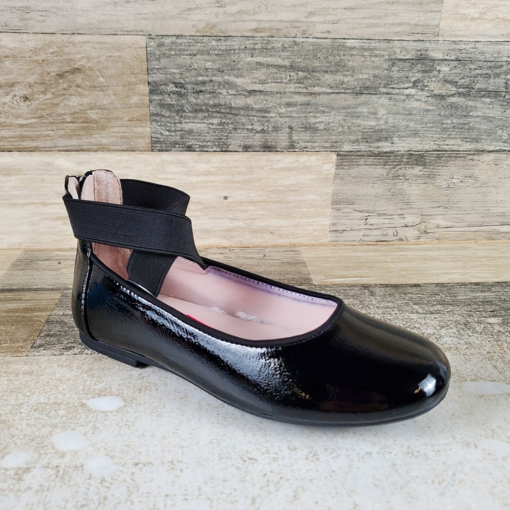 Nina Marissa Girls Ballet Flats Sz 1 M Black Crinkle Crisscross Strap Back Zip